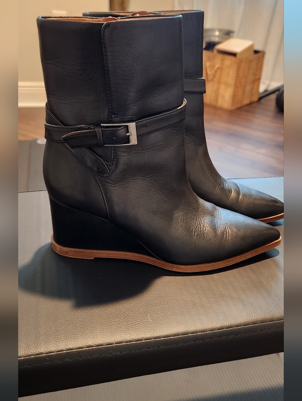 SARTO By Franco Sarto Black Pointed Leather Ankle Booties with Side Buckle